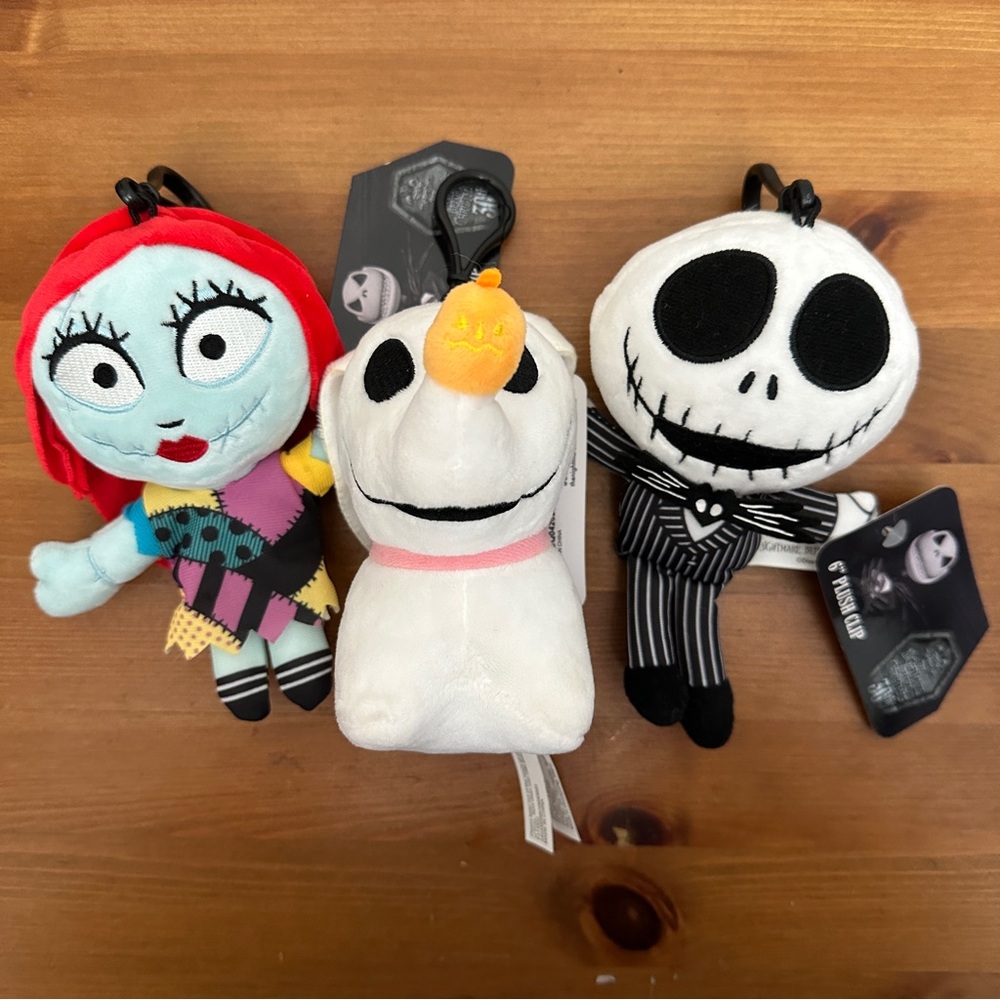 Set of 3 Nightmare Before Christmas 6” Plush Clips/Keychains: Jack, Sally, Zero
